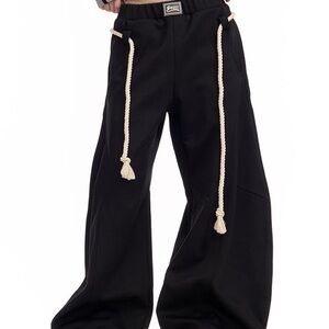 Black Wide-Leg Pants with Rope Drawstring